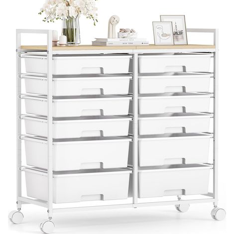 Chariot de rangement pour salle de bain à 12 tiroirs, blanc Chariot à roulettes avec plateau en bois, grande capacité, structure en acier, pour cuisine, salon, chambre à coucher, bureau (1/5)