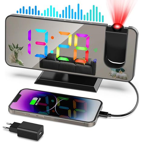 1 Réveil projecteur, Double alarme, 5 niveaux luminosité, Port USB, Format 12/24h, Chambre (1/5)