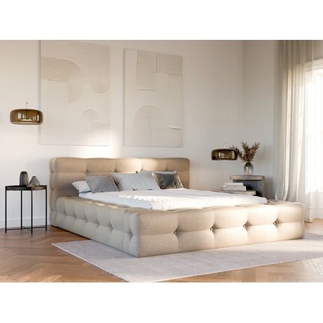 Lit coffre capitonné 140 x 190 cm - Tissu chiné - Beige - LERUCO (1/4)