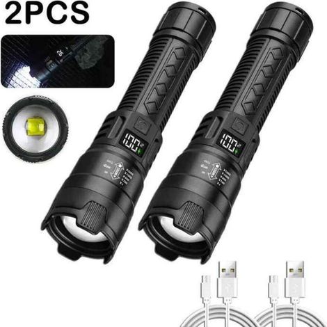 Lampe De Poche - LED 2000 LM - Zoom Télescopique - Rechargeable USB-C - Batterie Lithium Intégrée - Pour Extérieur Urgence Camping - 2 Pièces