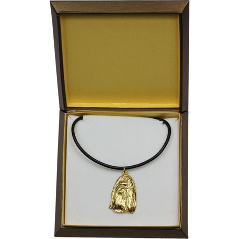 Shih Tzu, Shi tsu, Shi-Tzu, Szi-cu, Szitzu: collar con un perro en una caja de regalo, colgante chapado en oro para un amante de los perros, impresionante joyería de la marca Art-Dog. (1/5)