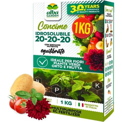 Concime Naturale Idrosolubile Nutriente con Rapporto Bilanciato NPK 20 20 20 per fiori piante verdi orto e frutta x 1 Kg (1/5)