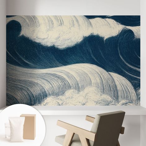 Papier peint intissé décoratif pour chambre et salon Design moderne à poser facilement - Colle incluse gratuite Vagues de la mer 104x70 cm (1/5)