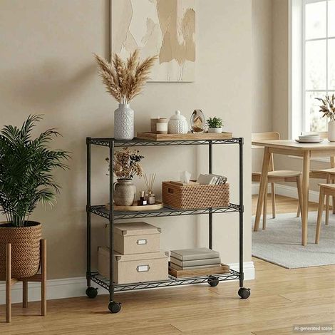 Étagère de rangement à 3 niveaux et roulettes, 60 x 35 x 81 cm, noire, 150 kg