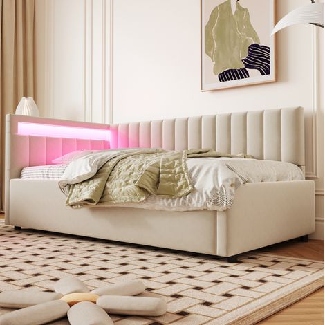 Sofá cama tapizado de terciopelo beige 90x200 cm con LED, somier de láminas y almacenamiento hidráulico (1/5)