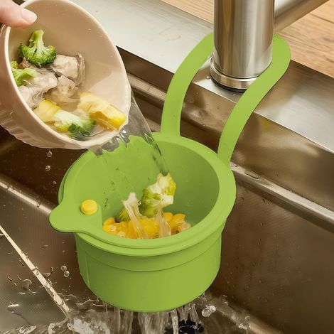 Crépine d'évier de cuisine, filtre monté sur robinet et panier d'égouttage de cuisine à basculement automatique par pression (vert)