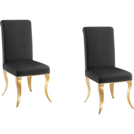 Set von 2 barocken Stühlen VELENA in schwarzem Samt mit hoher Rückenlehne und geschwungenen goldenen Beinen (1/5)