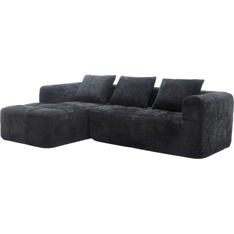 Canapé d’angle modulable 3 places en tissu noir, avec chaise longue, poches latérales, sans montage, assise moelleuse, pour salon ou studio, CHICFURN (1/5)