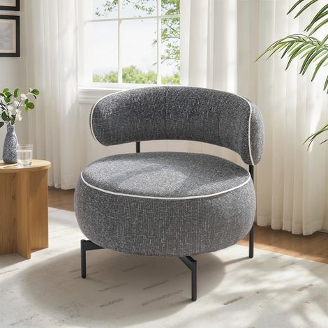 Butaca de Salón con Asiento Giratorio Tapizado en Lino Asiento Amplio Relleno Grueso Patas de Metal Gris Oscuro (1/5)