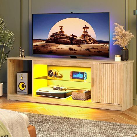 Meuble TV pour téléviseur 65 Pouces,Centre multimédia Gaming avec Support cannelé Brillant pour PS5 et Xbox,Console TV avec étagères en Verre réglables,chêne Naturel (1/5)