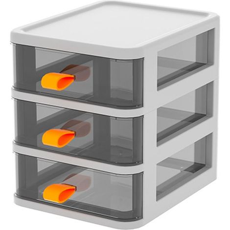 Boîte de rangement transparente pour bureau, type tiroir, avec poignée orange, 3 niveaux, couleur blanche, dimensions : 13,4 x 17 x 17 cm (1/5)