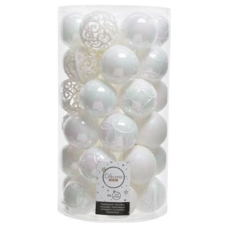AMICASA 020805 Palline di Natale Set 37 Pezzi Plastica Infrangibile 6 cm Finiture Miste colore Bianco Iridescente (1/2)