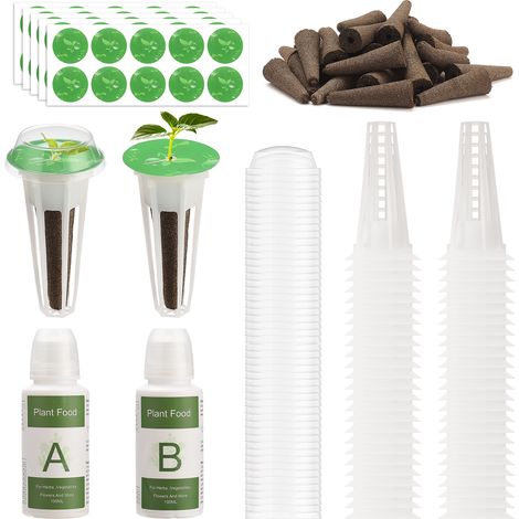 Kit hydroponique pour capsules de culture : 50 paniers de culture ronds, 50 éponges, 50 dômes, 50 étiquettes, 2 recharges.