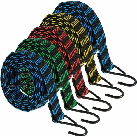 Cordes élastiques, lot de 5, 2 m, réglables, avec crochets, sangles élastiques robustes pour bagages, corde élastique plate adaptée au transport de vélos et de bagages (2 m) / (1/5)