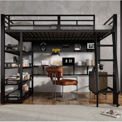 Lit mezzanine métal et panneaux de particules noir 140x200 cm avec rangements et port de charge (1/5)
