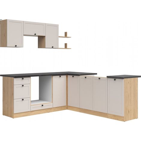 Cuisine d'angle complète 200x220 cm, Meubles de cuisine modulables coloris chêne Bernstein/Uni cachemire, plan de travail coloris noir inclus (1/5)