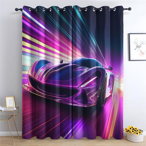 Rideau Voiture de Course - Rideau Occultant Thermiques Garçon Voiture de Sport Néon, Lot de 2 Rideaux à Oeillets pour Decoration Chambre Salon, Draperies Intérieurs Fenetre, 140x160 cm (LxH) - 2x L 14 (1/5)