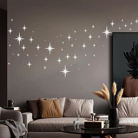 82 Pièces Miroir Étoile - Autocollant Mural Acrylique Réfléchissant - Pour Décoration Chambre Enfant Salon Bureau Salle de Bain - Diamètre 2 à 15 cm - Argent (1/4)