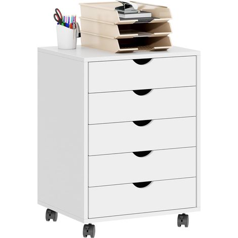 Soges – Caisson de bureau mobile 5 tiroirs – Roulettes verrouillables – Support imprimante – Structure robuste en panneaux de particules – 48x40x65cm
