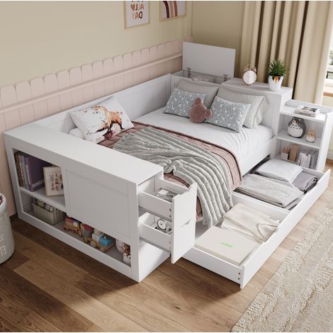 Bett Daybed multifunktional 140x200 cm Weiß aus MDF mit Schubladen, Stauraum und Nachttisch, ohne Matratze (1/5)