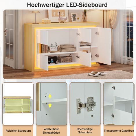 Meuble de salon 140x40x84 cm, buffet moderne à 4 compartiments avec bande lumineuse LED, largeur 140 cm, armoire latérale en verre trempé haute brillance, idéal pour couloir, salon, bureau. (1/5)