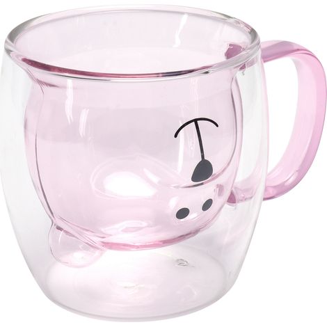 250 ml doppelwandiger Glasbecher in Bärenform mit Henkel, rosa, für Tee, Kaffee, Milch und den Gebrauch zu Hause. (1/5)