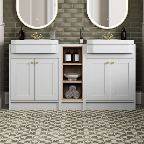1540mm Bathroom Double Vanity Unit Semi-Recessed Basin Shelf Storage, Traditional, Brass Handles, White (1/5)