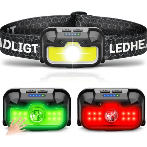 Phare rechargeable, 1300 lumens lampe à tête ultra-lumineuse avec lumière rouge, capteur de mouvement imperméable lumières à tête pour le front avec vert blanc, 14modes Phare réglable pour le camping