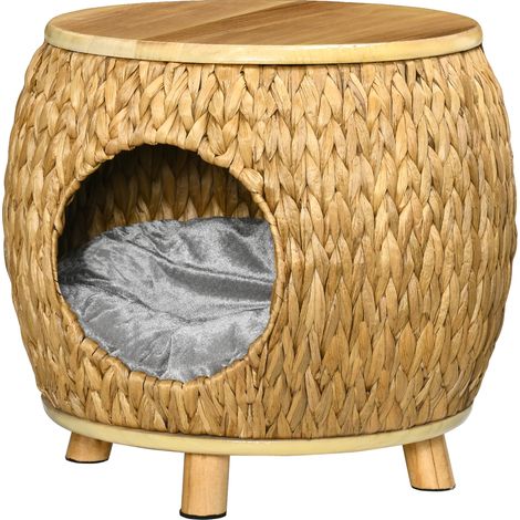 Grotte pour chat jacinthe d'eau coussin lavable 44x43x42 cm marron clair bois naturel gris (1/5)