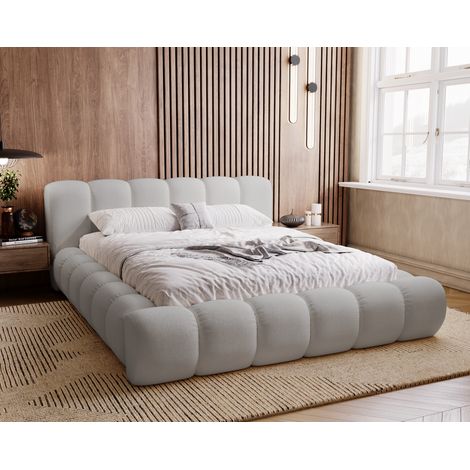 Emporius Lit double 140x200 Cloud - lit capitonné en velours avec rangement, sommier à lattes, Gris (1/5)