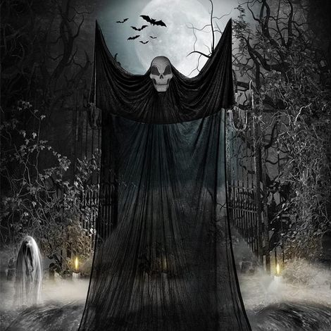 Halloween Decoration,3.5 × 1.8M Noir Squelettes Gaze Spooky, Halloween Fantôme Hanging Horreur Accessoires,​pour Décoration de Fête d halloween Fantôme à Suspendre pour Maison, Cour (1/4)