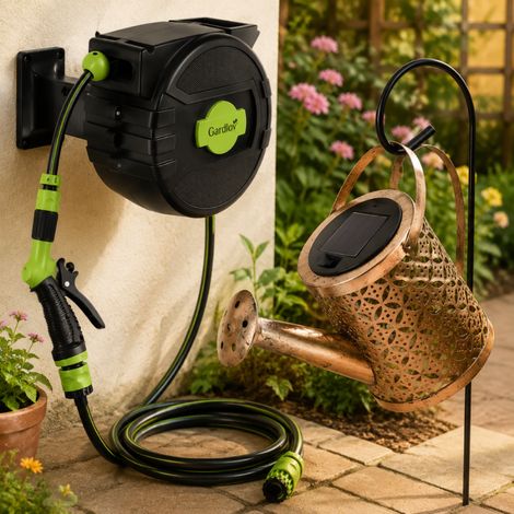 Set per l'irrigazione da giardino a energia solare (2 pezzi) – Avvolgitubo automatico da 20 m e annaffiatoio con lampada da giardino a energia solare (1/5)