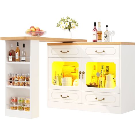 Meuble de bar moderne rotative à 360°- 203x39x93cm - 4 tiroirs et 2 portes - avec étagères latérales - avec LED - Blanc (1/5)