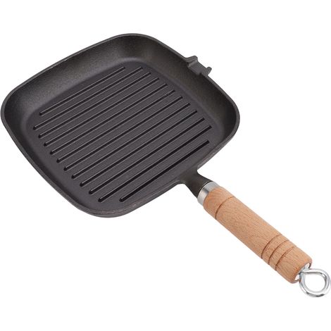 Poêle en fonte carrée avec manche en bois, antiadhésive, non revêtue, idéale pour la cuisson des viandes, steaks et poissons. (1/5)