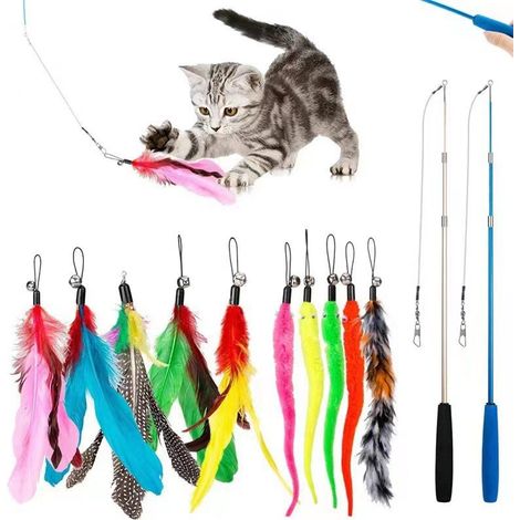 2 cannes à pêche pour chats avec 10 jouets - jouets pour chats - jouets interactifs pour chats - canne à pêche pour chats - jouets à mâcher pour chats - couleurs vives - 37-95 cm - plastique/plumes (1/5)
