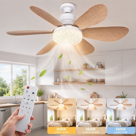 HEMVOR Ventilateur de plafond avec lumière E27 40W silencieux avec télécommande LED dimmable 3000K-6500K Marron