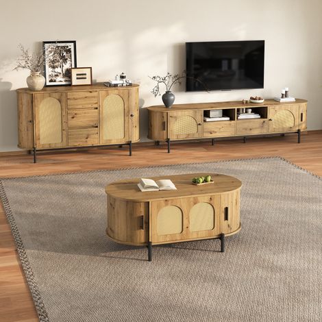 Ensemble de salon 3 pièces avec table basse, meuble TV et buffet, aspect rotin, pieds métal, rangement, naturel (1/5)
