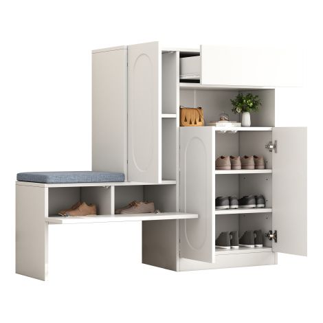 Schuhschrank-Set mit Sitzbank, 3 Türen und 1 Schublade – 130 x 35 x 110 cm – Spanplatte – Weiß