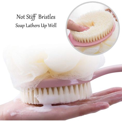 Brosse de douche pour le corps avec poils et luffa, éponge de bain en filet avec long manche incurvé pour exfolier la peau, poils de massage adaptés à une utilisation sur peau sèche ou mouillée, pour (1/5)