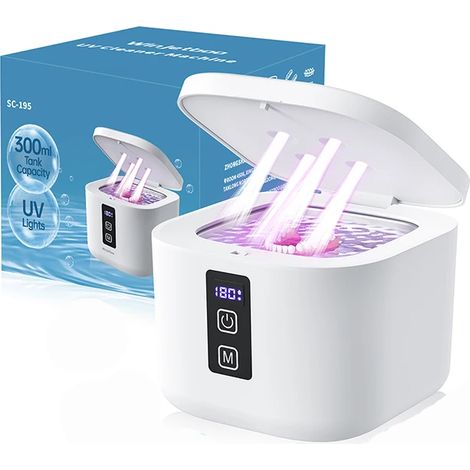 (Blanc) Nettoyeur ultrasonique avec lampe UV et minuterie numérique, adapté aux prothèses dentaires et aux appareils orthodontiques, 300 ml. (1/5)
