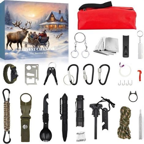 Calendrier de l’Avent kit de survie, coffret surprise 24 jours Noël, outils tactiques extérieurs pour camping randonnée, boîte mystère accessoires urgence, cadeau original pour aventuriers et amateurs