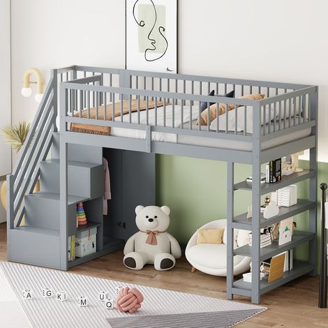Lit mezzanine 90x200cm avec armoire, étagères et échelle sécurisée, lit multifonction en bois massif gris (1/5)