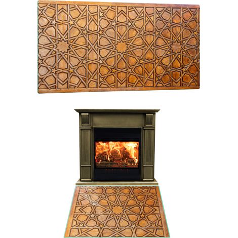 BASE DE CRISTAL TEMPLADO PARA ESTUFA DE CHIMENEA, DIMENSIONES 52x40 cm, CON GRÁFICOS DE MOSAICO. (1/5)