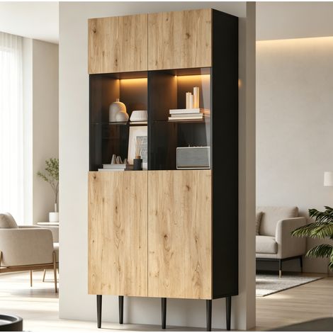 Vitrine 80x35x180 cm en MDF naturel et noir, avec rangement pour salon FloraGrace (1/5)