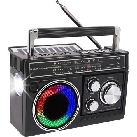 Enceinte stéréo Bluetooth portable 5W avec alimentation solaire/batterie/USB, lampe torche LED, radio d'urgence extérieure FM/AM/SW, noire. (1/5)