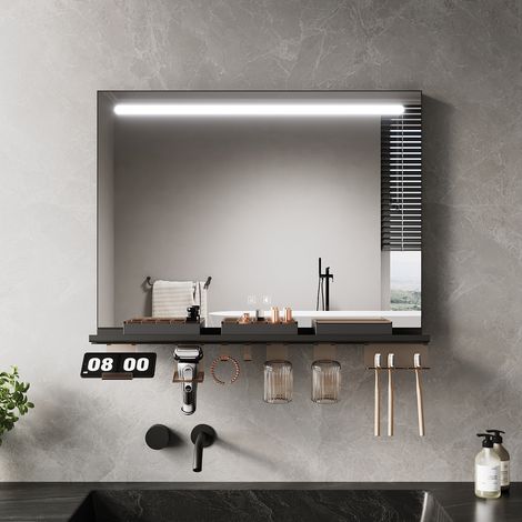 ELEGANT Anti-Fog LED Bathroom Mirror with Storage Shelf, 3 Color Lighting and Adjustable Lighting, 800×600, Top Light Strip