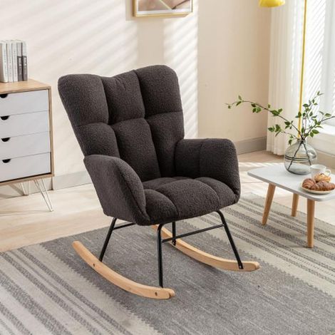 FurnitureR Dark Gray Teddy Fabric Rocking Chair with Padded Seat (1/5)