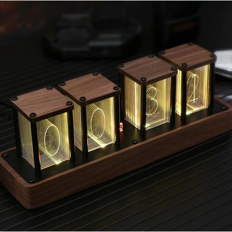 Horloge de bureau numérique à tubes Nixie ClocTeck en noyer, compatible Wi-Fi, avec alarme et affichage 12/24h. Aucun assemblage requis. Un cadeau rétro idéal pour vos amis. (Bois de noyer) (1/5)