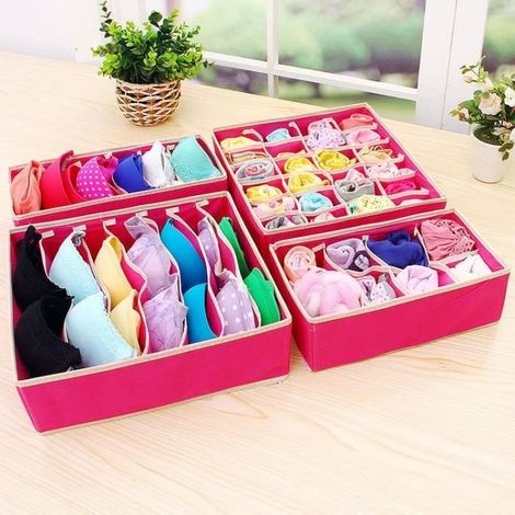 Organisateur Boîte Pliable Rangement Sous-vêtement chaussettes - Rose - Kit de 4 - 6/7/8/24 grilles