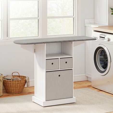 Meuble à Repasser, Table à Repasser sur Roulettes, Plateau Rabattable, Compartiment Ouvert et 3 Tiroirs en Tissu, Blanc (1/5)